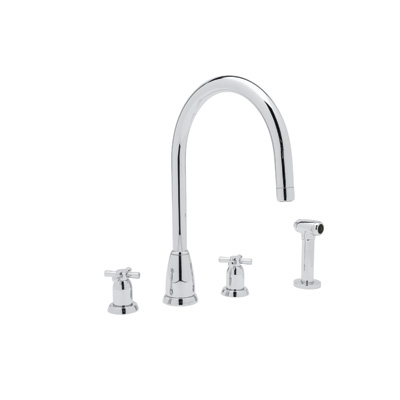Contemporary 4 Hole C Spout Kitchen Faucet With Cross Handles And